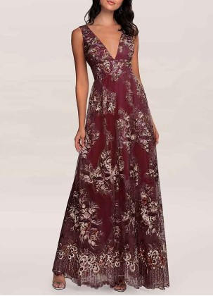 AZ Occasions Romantic Adventure Cabernet Embroidery Tulle Maxi Dress