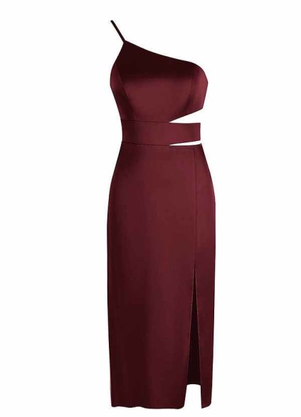 AZ Occasions One Shoulder Midi Stretch Satin Dress with Side Cutouts