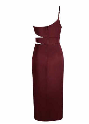 AZ Occasions One Shoulder Midi Stretch Satin Dress with Side Cutouts